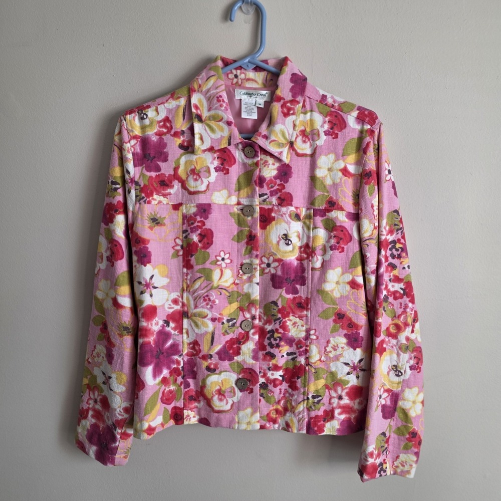 Coldwater Creek Blazer Women Medium Pink Floral Linen Blend Button Up Jacket